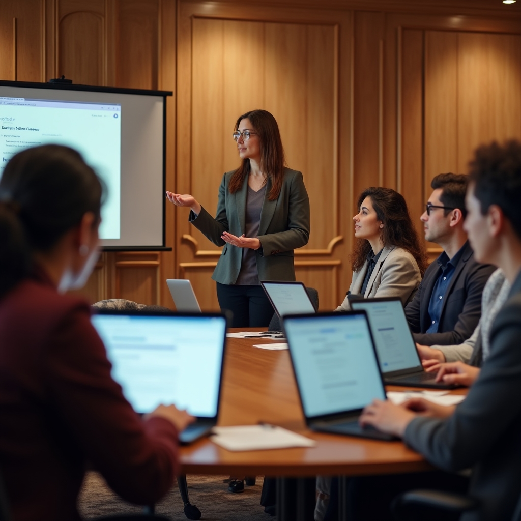 Group of administrative staff attending a hands-on digital skills workshop around a shared table
