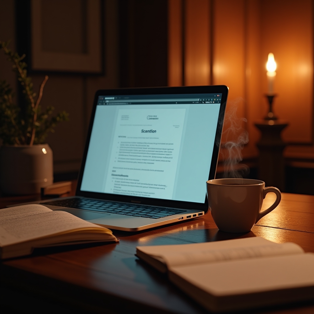 Laptop open on a desk showing a course outline document next to a notebook and coffee cup