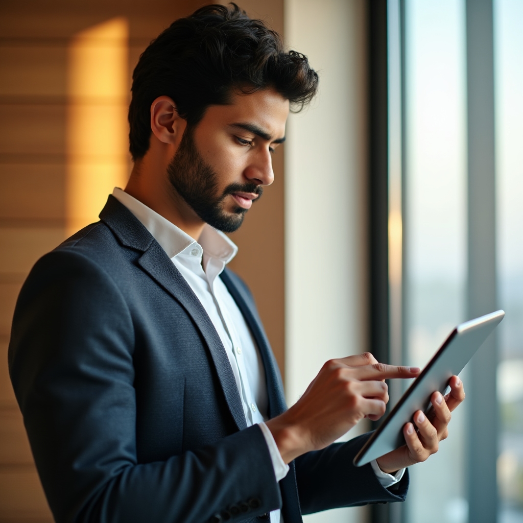 Operations assistant reviewing a document approval workflow on a tablet in a bright office