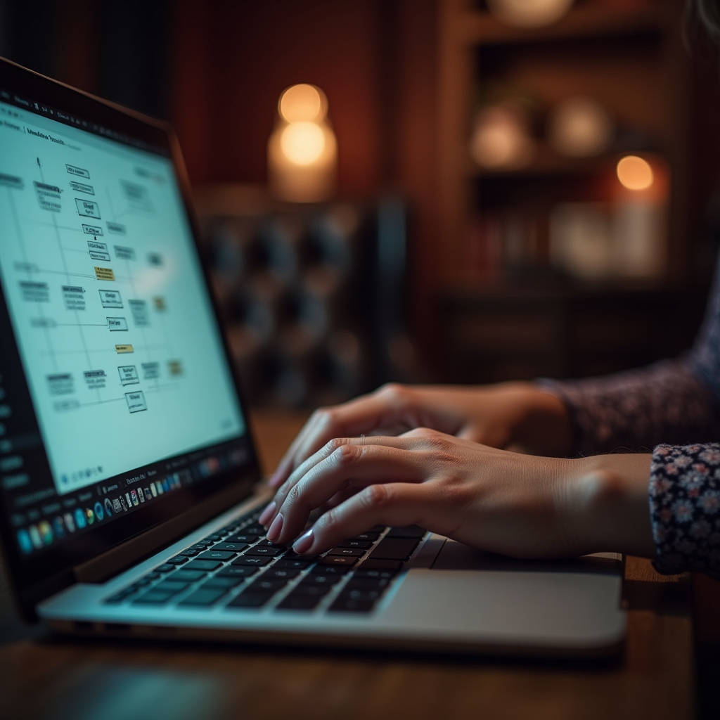 Close-up of a hand adjusting a simple automation workflow diagram on a laptop screen