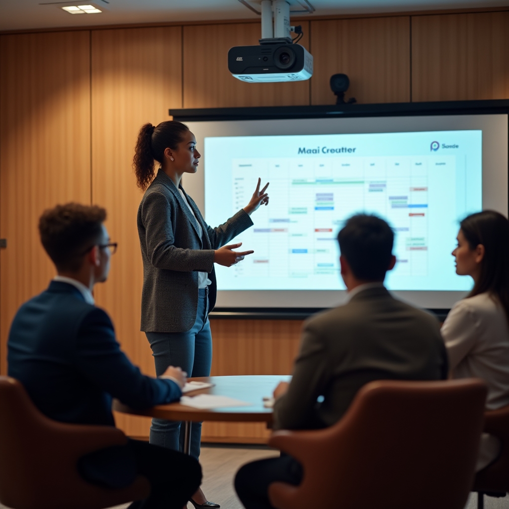 Facilitator demonstrating a scheduling tool on a projector screen to a small seated group
